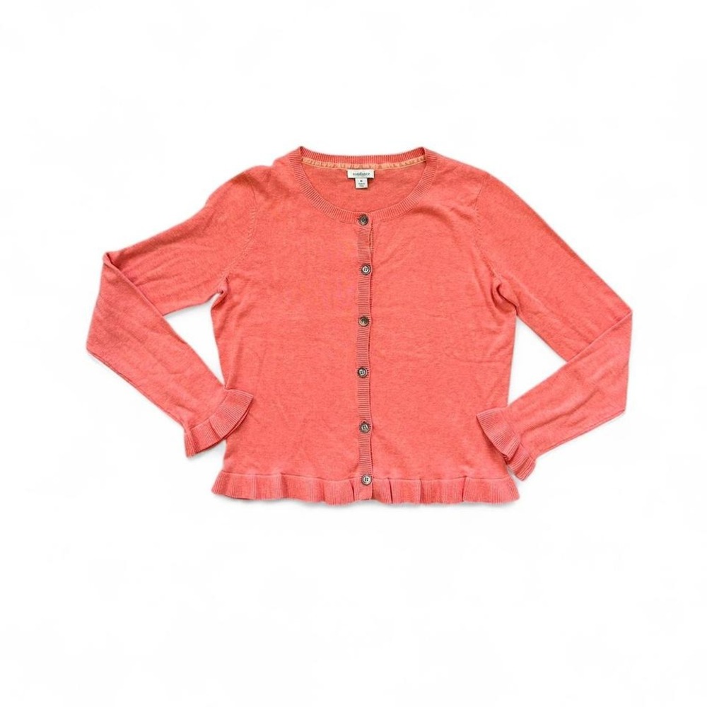 Sundance Bright coral pink ruffle sleeve hemline bottom down cotton cardigan M‎